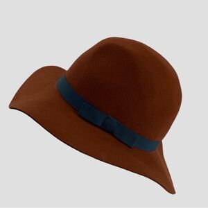 BRIXTON WOOL FELT WIDE BRIM HAT BURNT ORANGE WOOL WINTER HAT WITH TEAL RIBBON